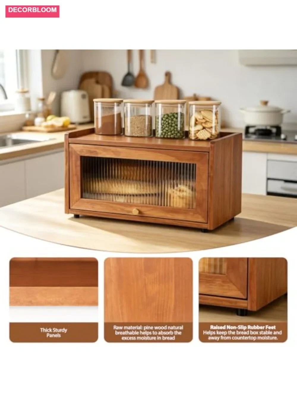 Wooden Bread Box for Kitchen Countertop with Acrylic Door, Flat Top Storage,